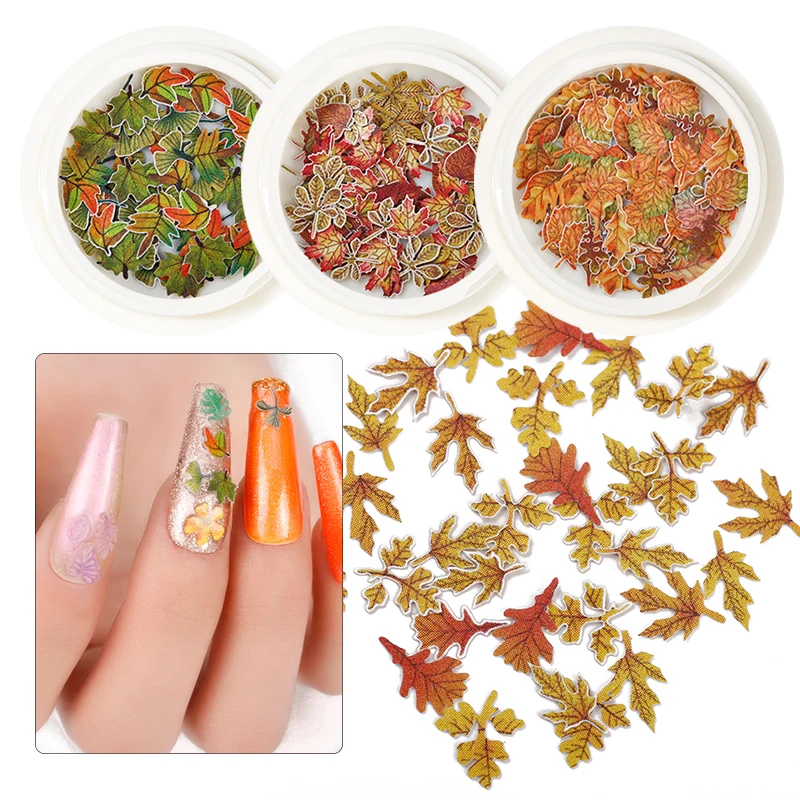 1Box 3D Mix Maple Leaf Wood Pulp Nail Flakes Simulation Leav