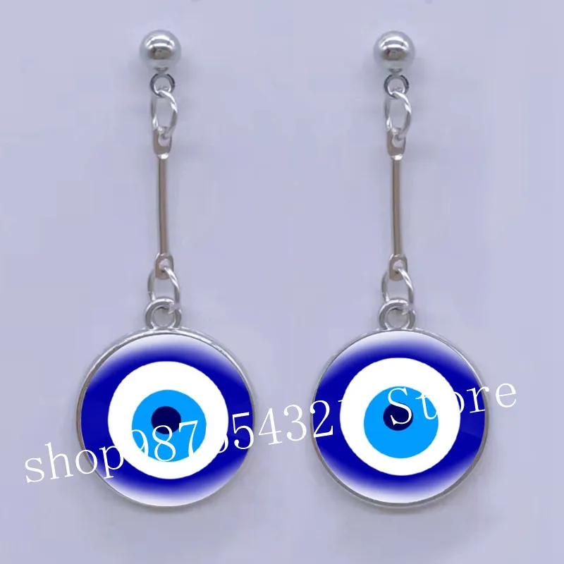 Blue Turkish Evil Eye Earrings Hoop Ladie Amulet Evil Nazar Eye Charm Round Glass Cabochon Handmade Earrings Lucky Women Jewelry