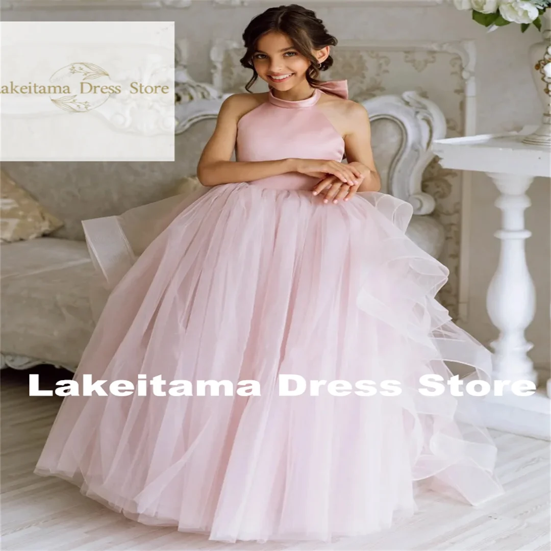 Customization Flower Girl Dresses Pink Tulle Puffy Tiered With Bow And Tailing Sleeveless For Wedding Birthday Party First Commu