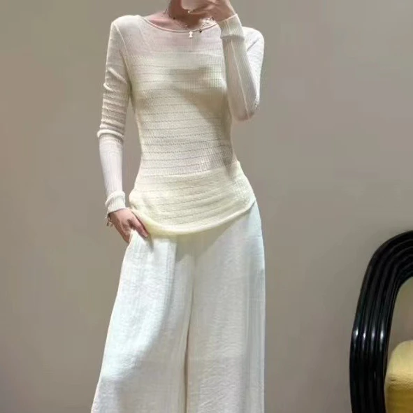 

【Подарок бесплатно】Новинка осени 2025, полупрозрачный текстурированный элегантный тонкий вязаный топ и мини-бретелька для женщин