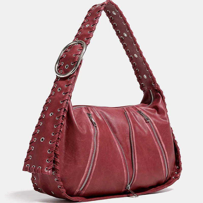 

2025 Large Capacity Retro Zipper Shoulder Bag Female Luxury Designer Underarm Bag Wrinkle PU Leather Shoulder Strap Motorcycle B