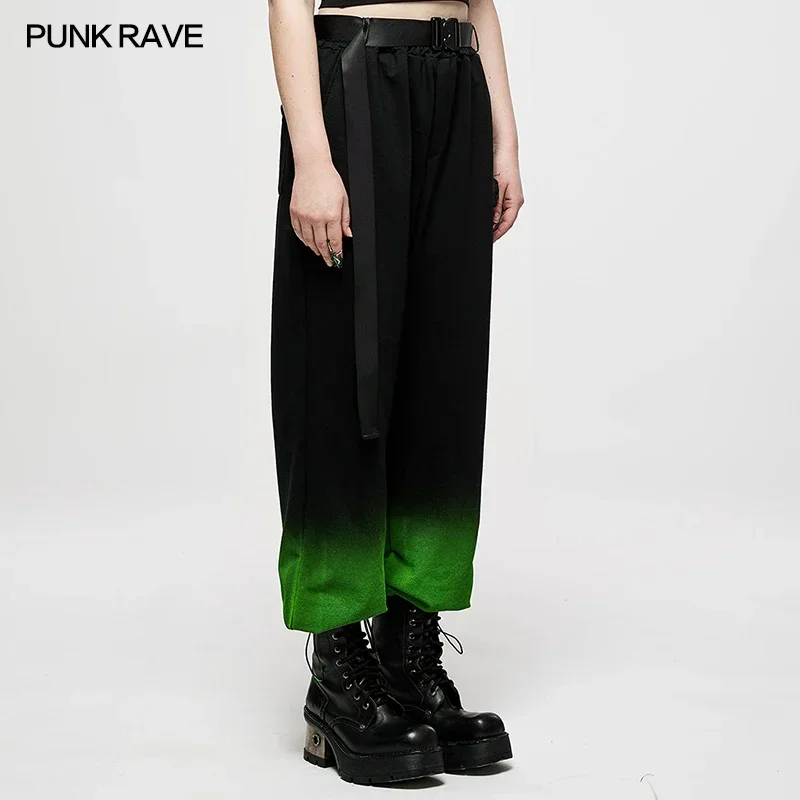 PUNK RAVE Women's Dark Black-green& Black-red Waist Loose Belt Gradient Overalls Punk Daily Women Trousers Spring/Autumn