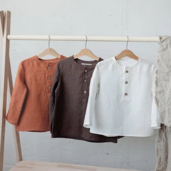 Autumn Casual Cotton Linen Children's Long-Sleeved T-Shirt Loose Chic New Boys And Girls Round Neck Wooden Buttons Kids Shirts