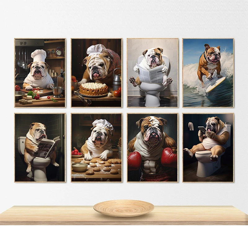 Bonito buldogue britânico cartaz skate boxe leitura jornal assar surf chef pintura em tela arte da parede imagem decoração de casa