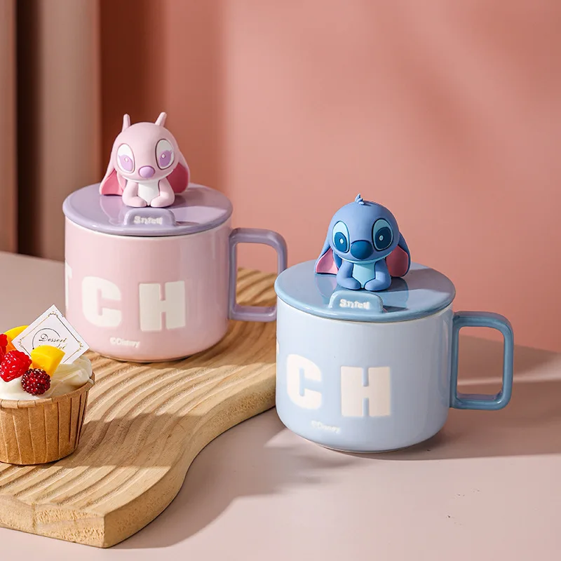 

Stitch Angel Coffee Mug Couple Disney Anime Phone Holder Cups Women Men Kids Office Home with Lid Water Goblet Best Friend Gift
