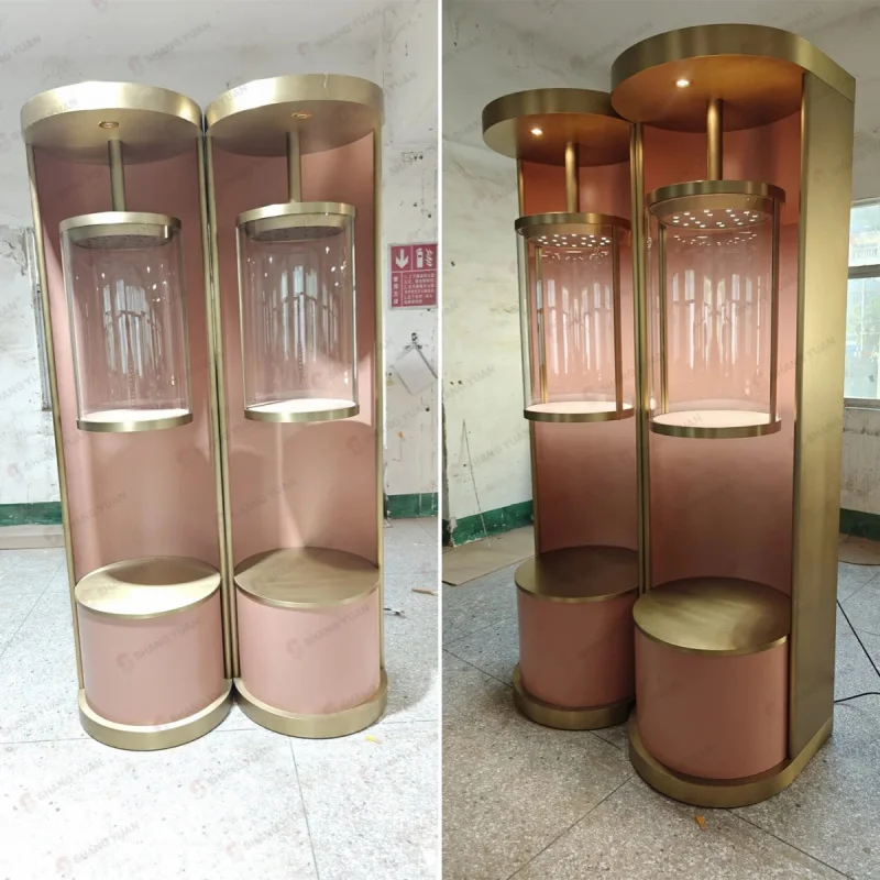custom.Luxury Pink & Gold Cylindrical Jewelry Display with LED Multi - Layer Display Cabinets High - End Jewelry Boutiq