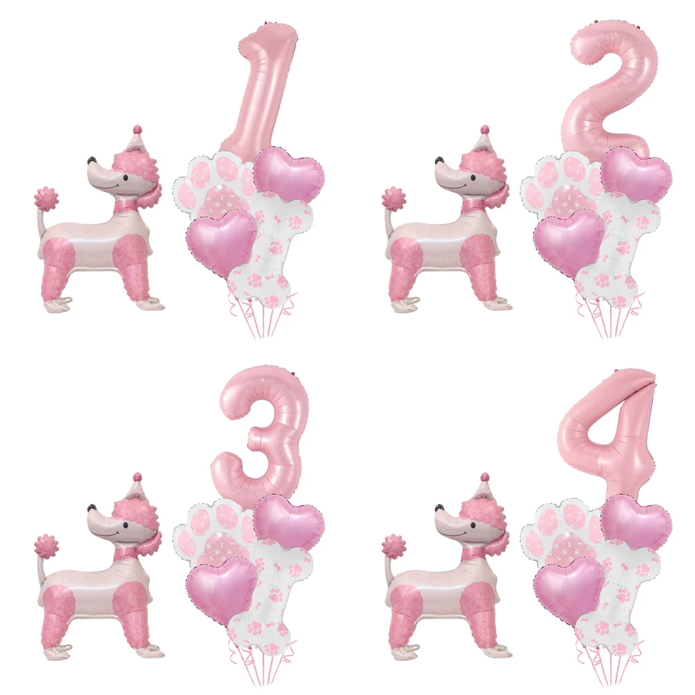 Pink Poodle Dog & Number Balloon Set for Birthday Shower Baptism Anniversary Pet Theme Decoration