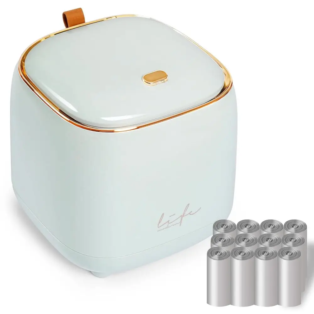

Compact Light Blue Desk Trash Bin with 10 Rolls of Trash Bags for Home or Office Use