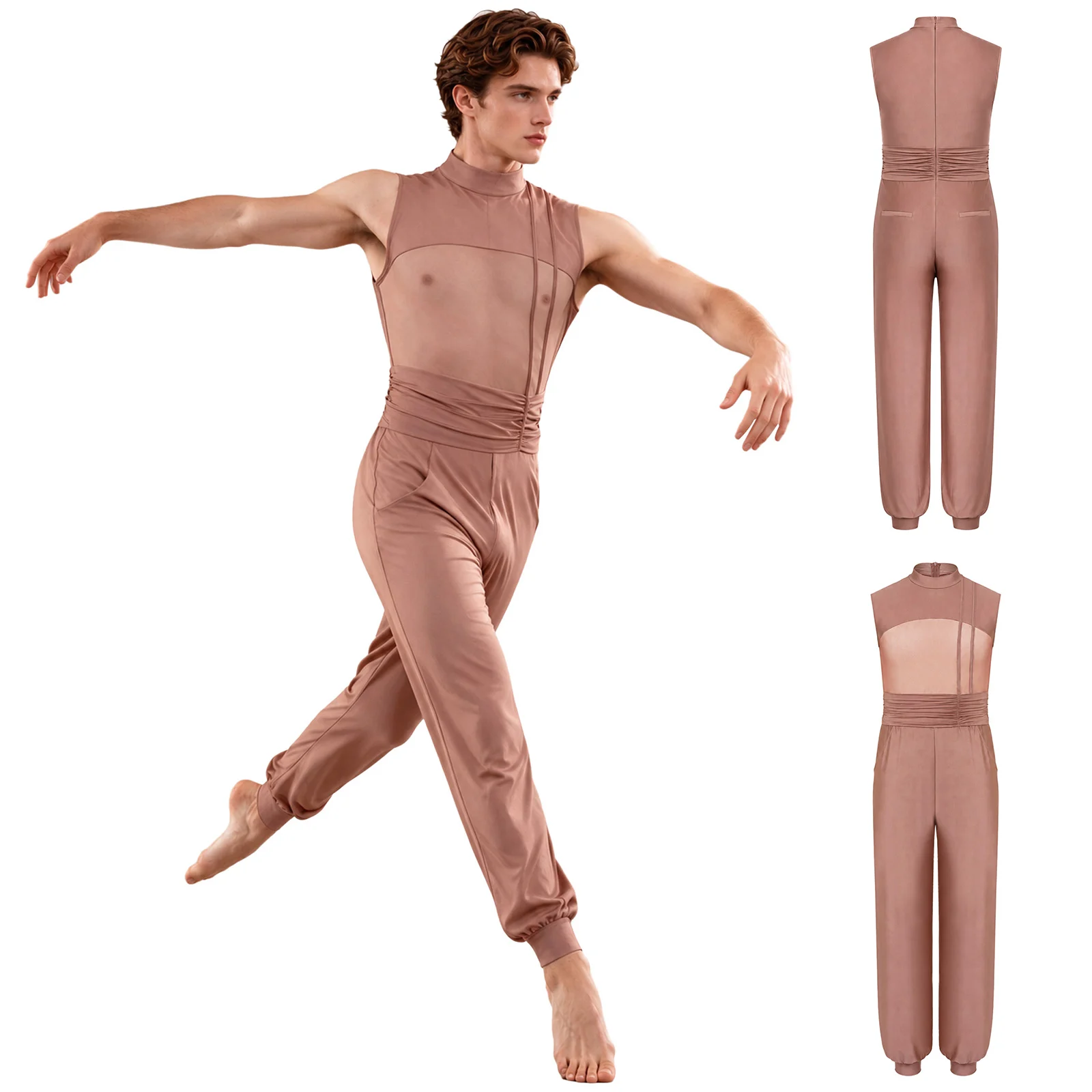 Men Modern Lyrical Dance Jumpsuit Sleeveless Sheer Mesh Patchwork Bodysuit for Skating Gymnastics Ballet Contemporary Dancing