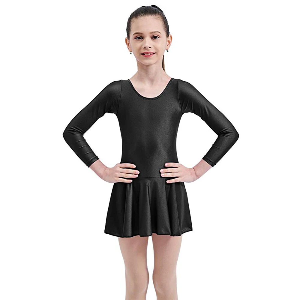 ピンク長袖ダンスレオタード スカート付き 女の子用体操ボディスーツ スクープネックスパンデックスコスチューム ナイロンダンス服