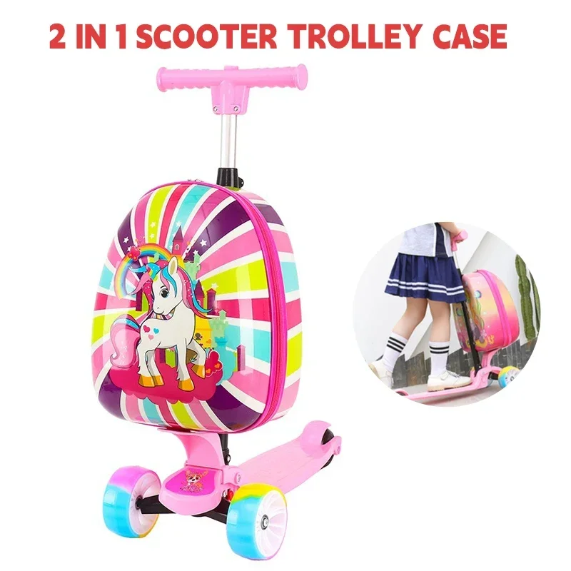 2 in 1 Kids Scooter Suitcase Hardshell Ride on Kid Luggage Unicorn Carry-on Luggage & Scooter with Brake Foldable Trolley Case