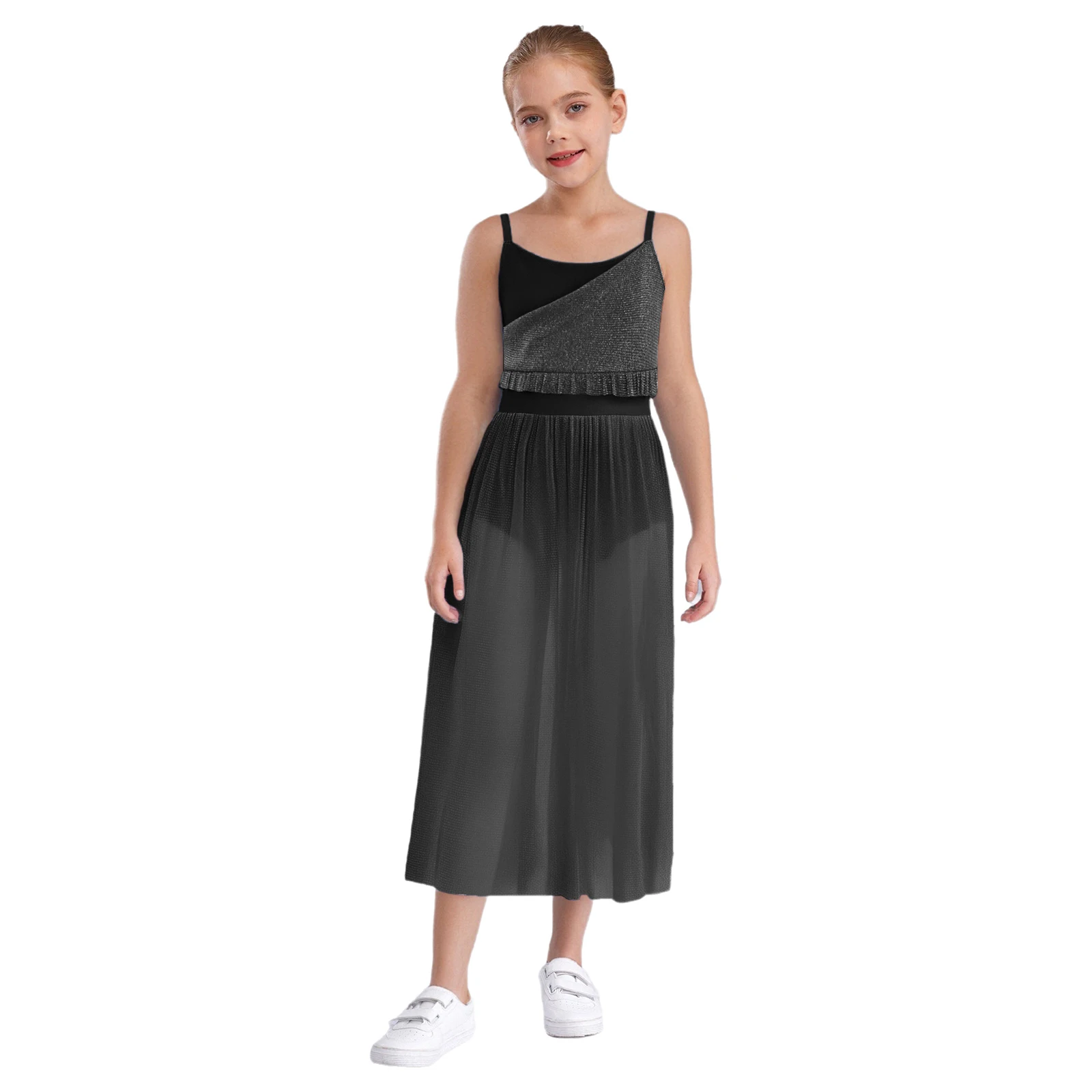 

Kids Girls Lyrical Dance Leotard Dress Spaghetti Straps Ruffles Sides Split Glittery Mesh Overlay Dresses Ballerina Costumes
