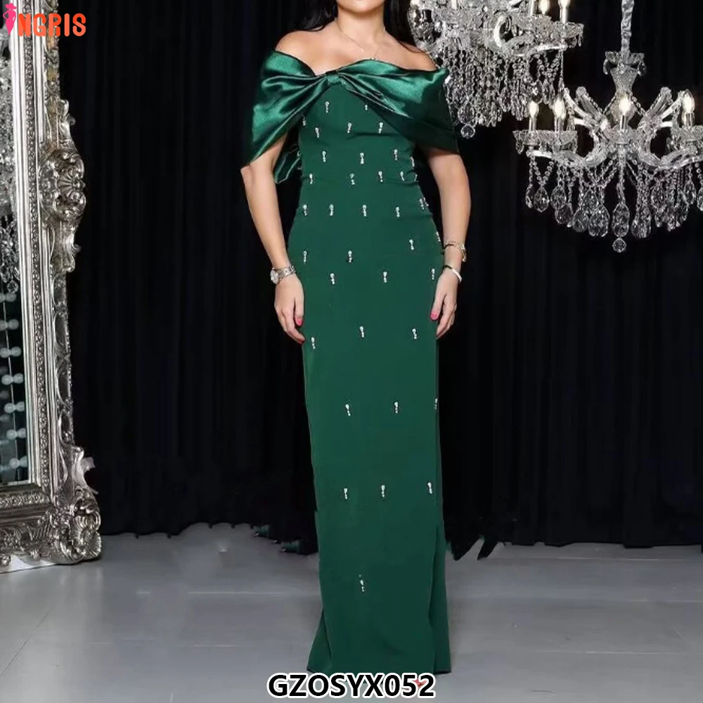 

fashion-style bowknot embellished strapless fitted V-neck slim-cut diamond-studded long-line dress-GZOSYX052