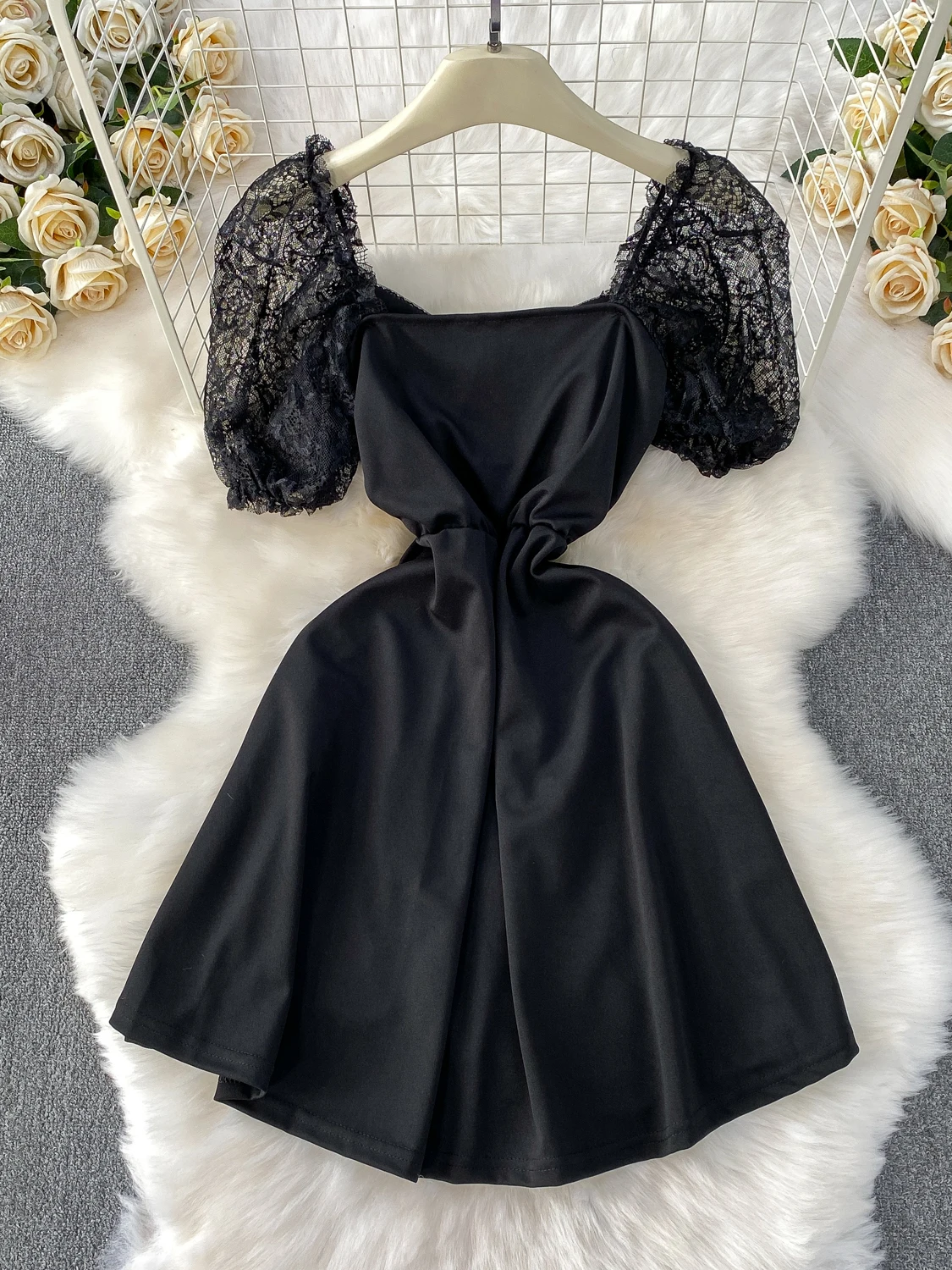 Vestido E com Mangas em Camadas e Renda, Vestido Preto Sexy de Verão com Cintura Alta e Cinto, Estilo Coreano, Vestido...