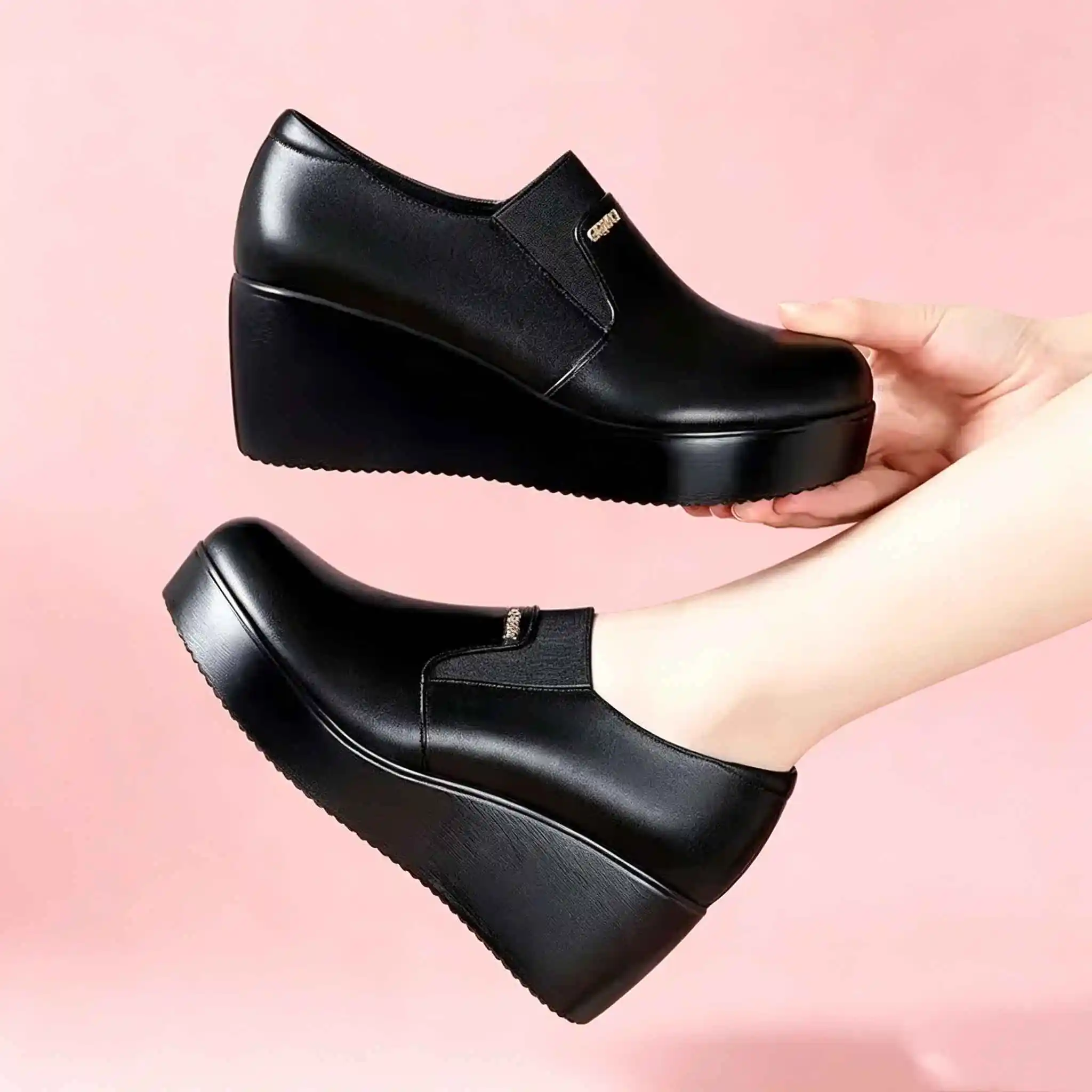 6cm Small Size 33-43 New Fashion Deep Mouth Med Block Heels Shoes with Fur Fall 2026 Black Soft Leather Wedges Shoes Office Mom