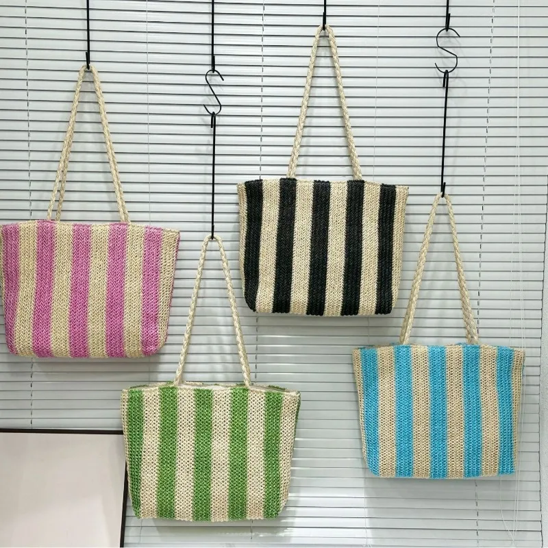 

Модная и универсальная вместительная плетеная женская сумка через плечо с контрастными полосками для поездок