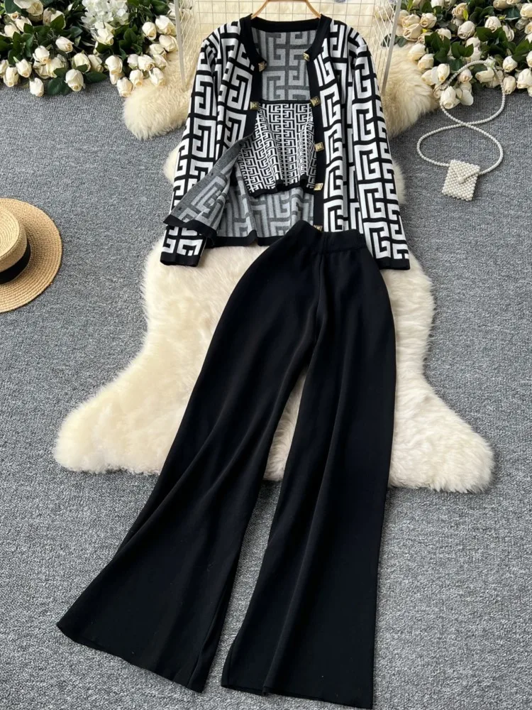 

Korean Knitting 3 Piece Sets Fashion Buttons Cardigan Striped Spaghetti Strap High Waist Wide Legs Pants Femme Slim Suits Autumn