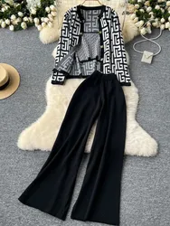 Korean Knitting 3 Piece Sets Fashion Buttons Cardigan Striped Spaghetti Strap High Waist Wide Legs Pants Femme Slim Suits Autumn