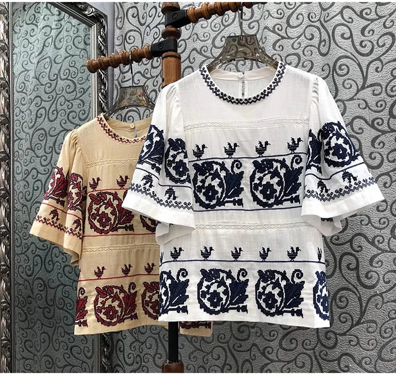 

Top Quality New Women's Blouse 2024 Summer Cotton Ladies Luxurious Embroidery Short Sleeve White Apricot Vintage Blouse Female