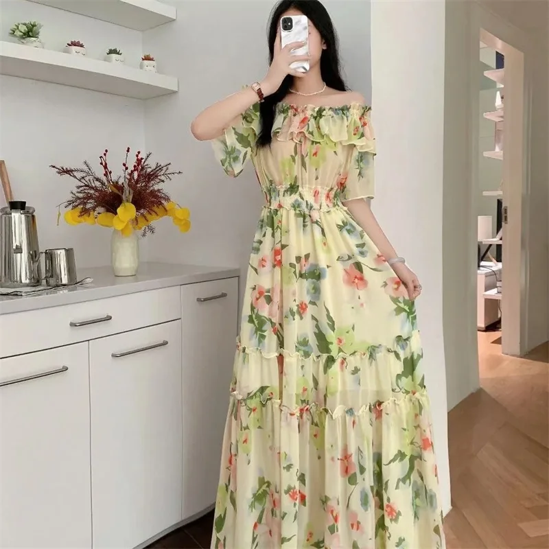 2025 Sexy Square Collar Short Puff Sleeve Chiffon Floral Print Boho Party Dress Summer Women Beachwear Sand Vestidos