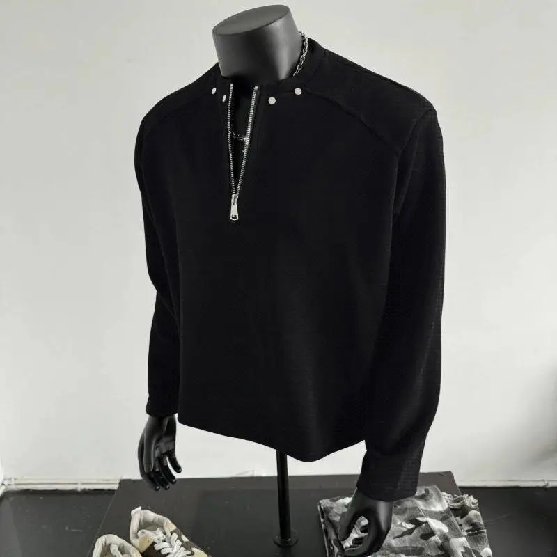 Semi-Zipper Long Sleeve Hoodie Men's Spring Autumn American High Street Willow Nail Tough Handsome Lightweight Men's T-Shirt