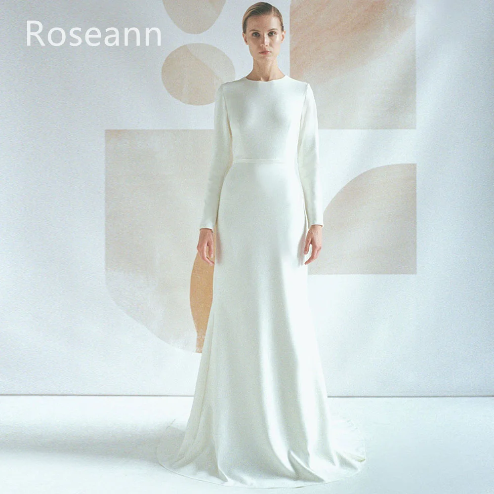 ชุดแต่งงานมุสลิมแบบสั่งตัดคุณภาพสูง ทรงเอไลน์ สีงาช้าง ผ้าซาติน คอทรงโอ ปี 2025 ชายกระโปรงยาวแบบแปรง ชุดเจ้าสาวยาวกรอมพื้น