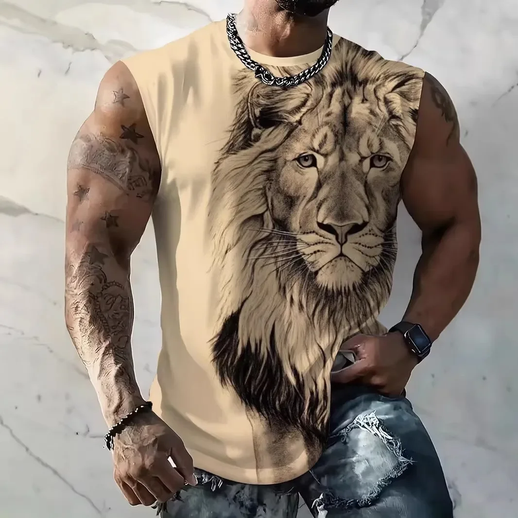 Nuevo chaleco deportivo de Fitness para hombre con estampado Digital 3D de León, camisetas sin mangas informales para hombre