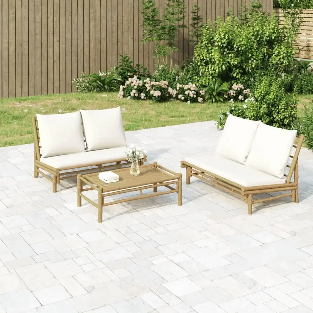 2-Piece Garden Lounge Set Cream White Outdoor Sectional Sofa Bamboo Polyester Comfortable Elegant Rustic Design for Garden