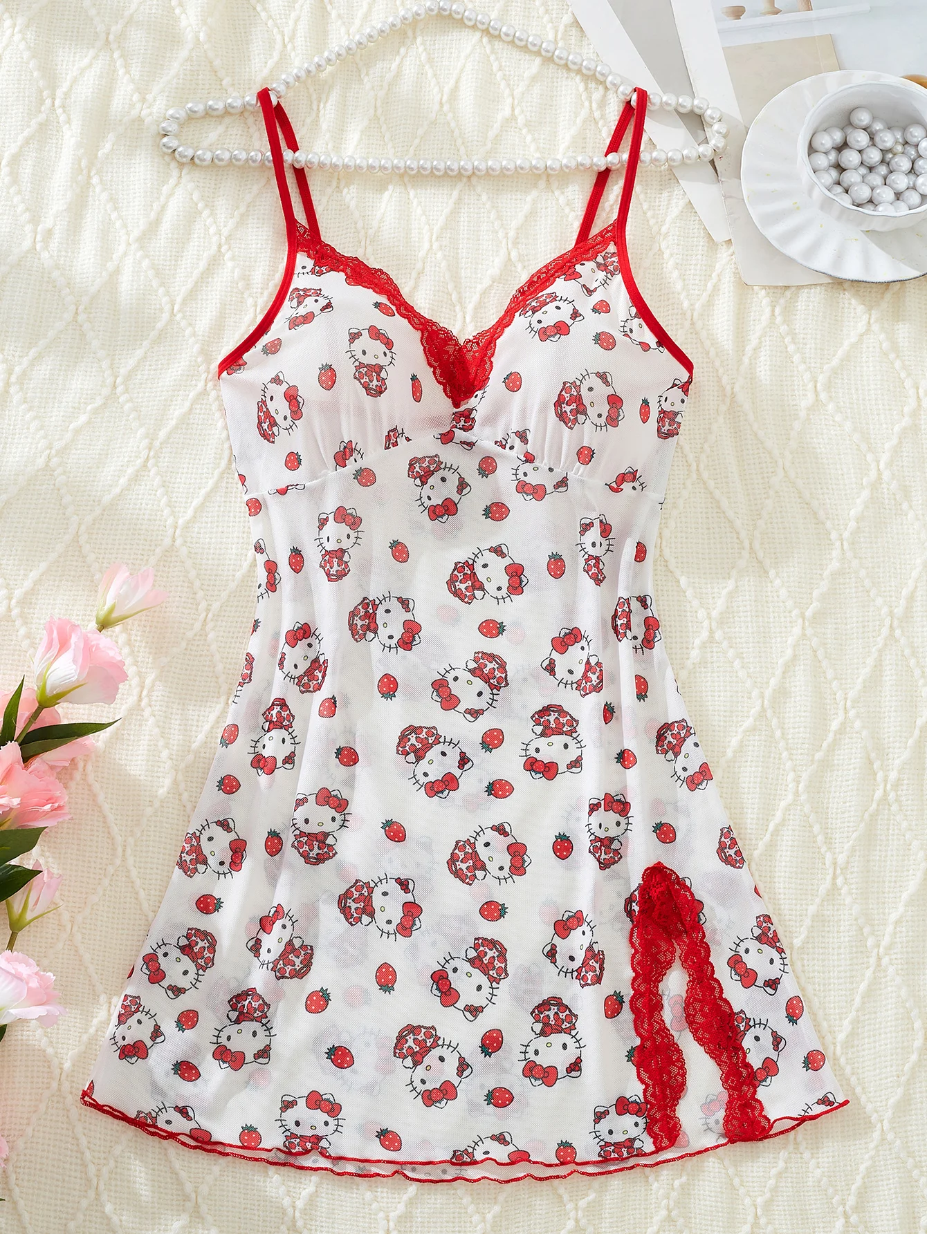 Sanrio Damen-Nachthemd mit rosa Hello-Kitty-Print, sexy Spitzenkleid für Erwachsene, Sex-Schlafkleid, erotischer, süßer, gemütlicher Stil, Geschenke, modisches Design