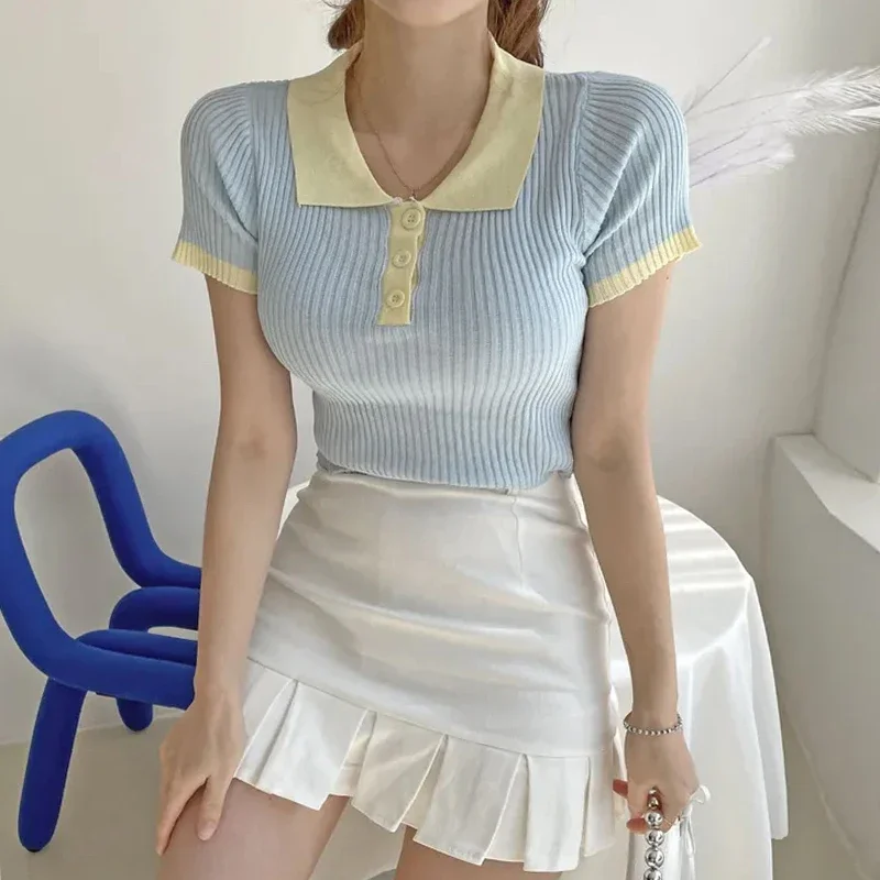 Chic Pink Knitted Tops Women Summer Turn-down Neck Streetwear Elegance Cropped Top Female Korean Blue Sweater Ladies Y2k