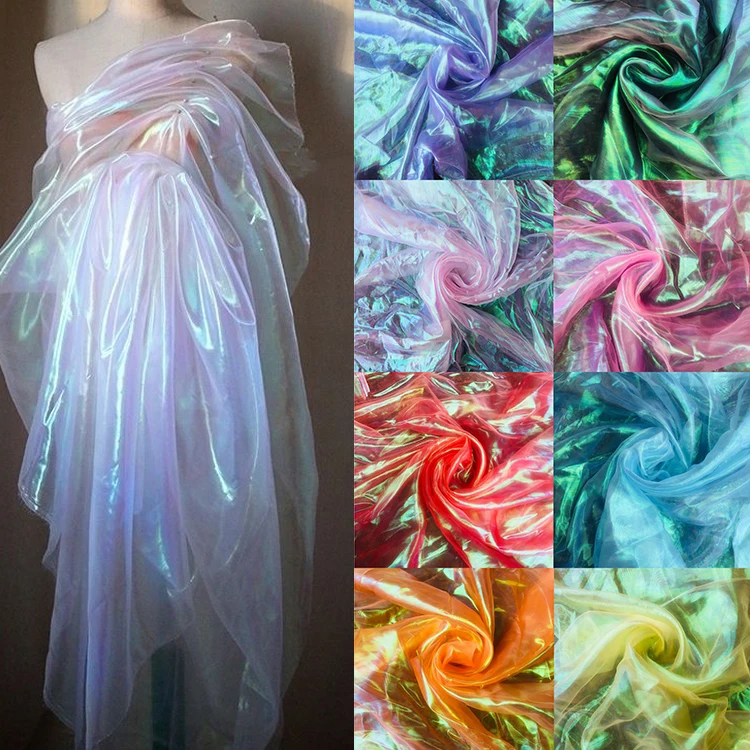 Laser Tulle Fabric Organza Glass Yarn Colorful Fluorescent Gauze Silk Chiffon Stage Wedding Decor Headdress Clothing Material