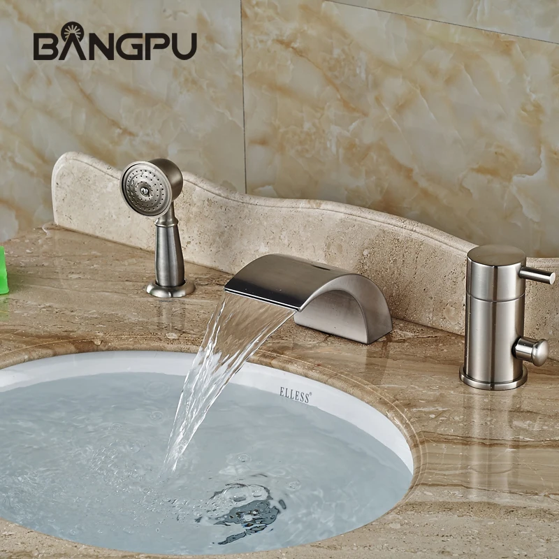 

Bath Tub Faucet Combo Set 3 Hole Waterfall Bathtub Faucet Set Deck Mounted Roman Tub Faucet with Handheld Shower Brushed