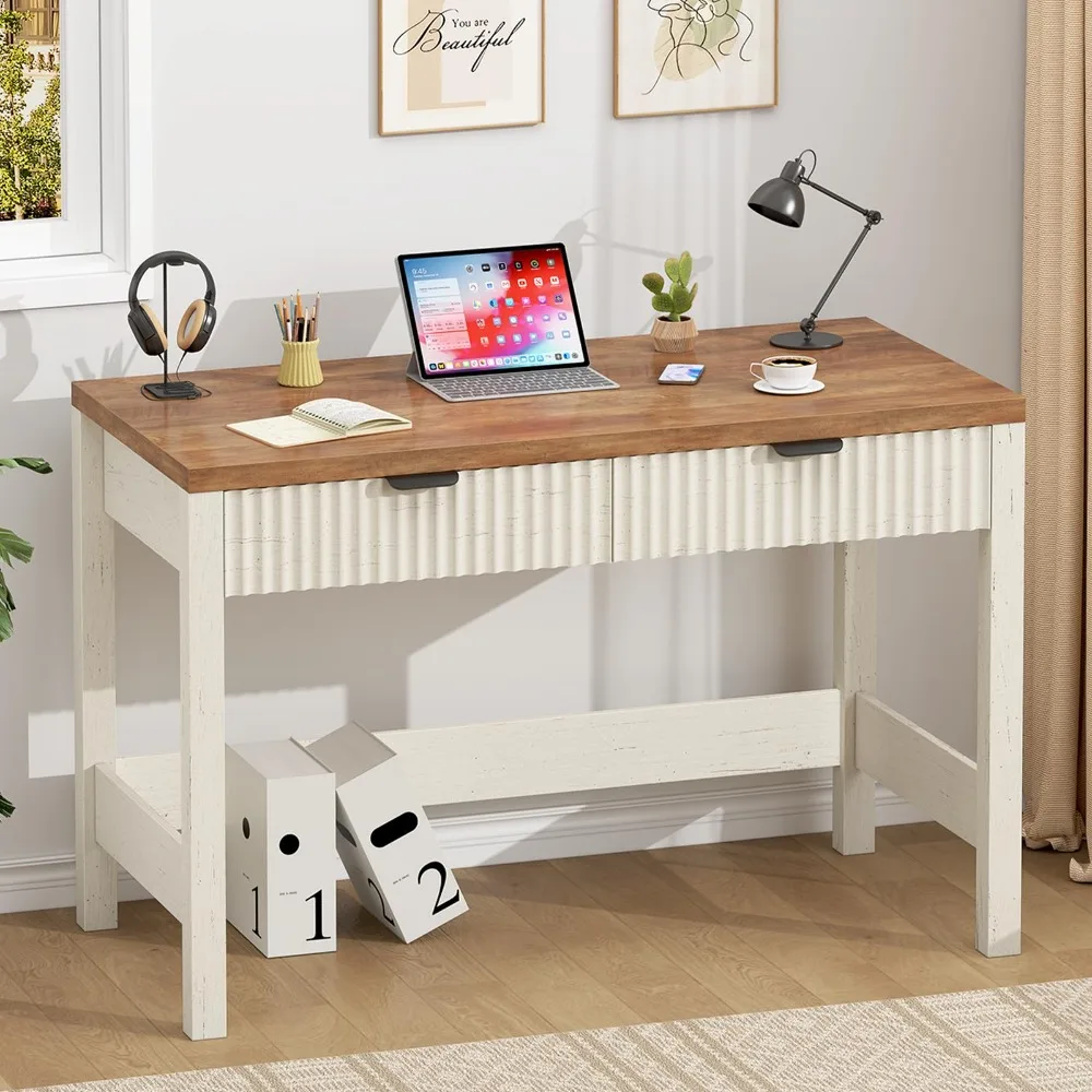 39 Inch Small Fluted Computer Desk with 2 Drawers for Bedroom, Home Office