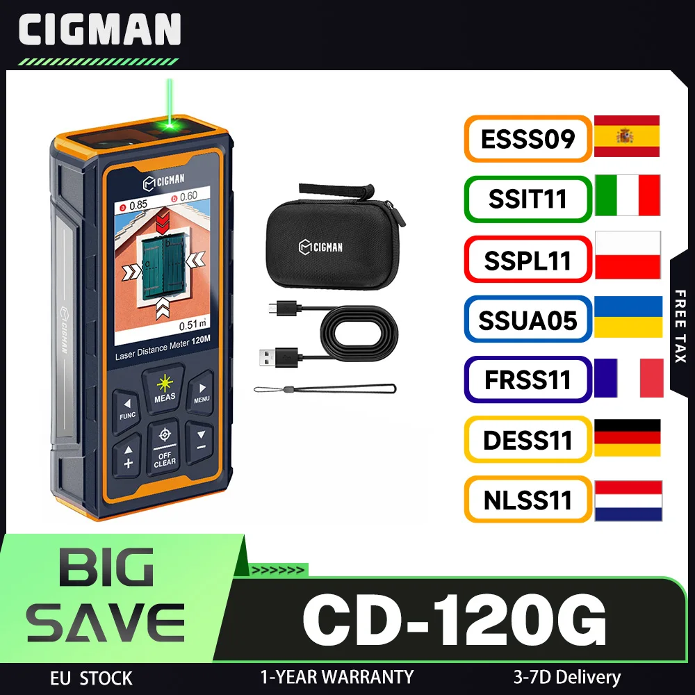 Outil de mesure laser CIGMAN CD-120G avec caméra 4X, technologie P2P, IP68, écran IPS 2,4 pouces, conception multifonctionnelle, durable