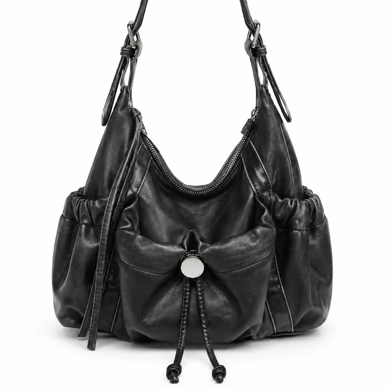 Retro Pleated Soft Pu Leather Single Shoulder Bag with Multiple Pockets Design Y2K Punk Style Large Capacity Motorcycle Bag