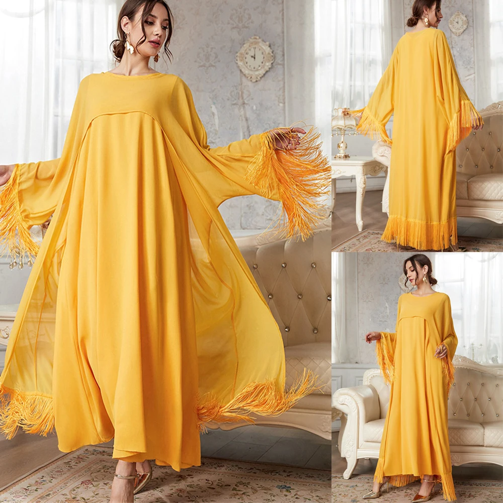 

Modest Muslim Batwing Sleeve Tassel Kaftan Solid Color 2 Pieces Set Abayas Eid Party Evening Dresses Moroccan Turkey Dubai Abaya