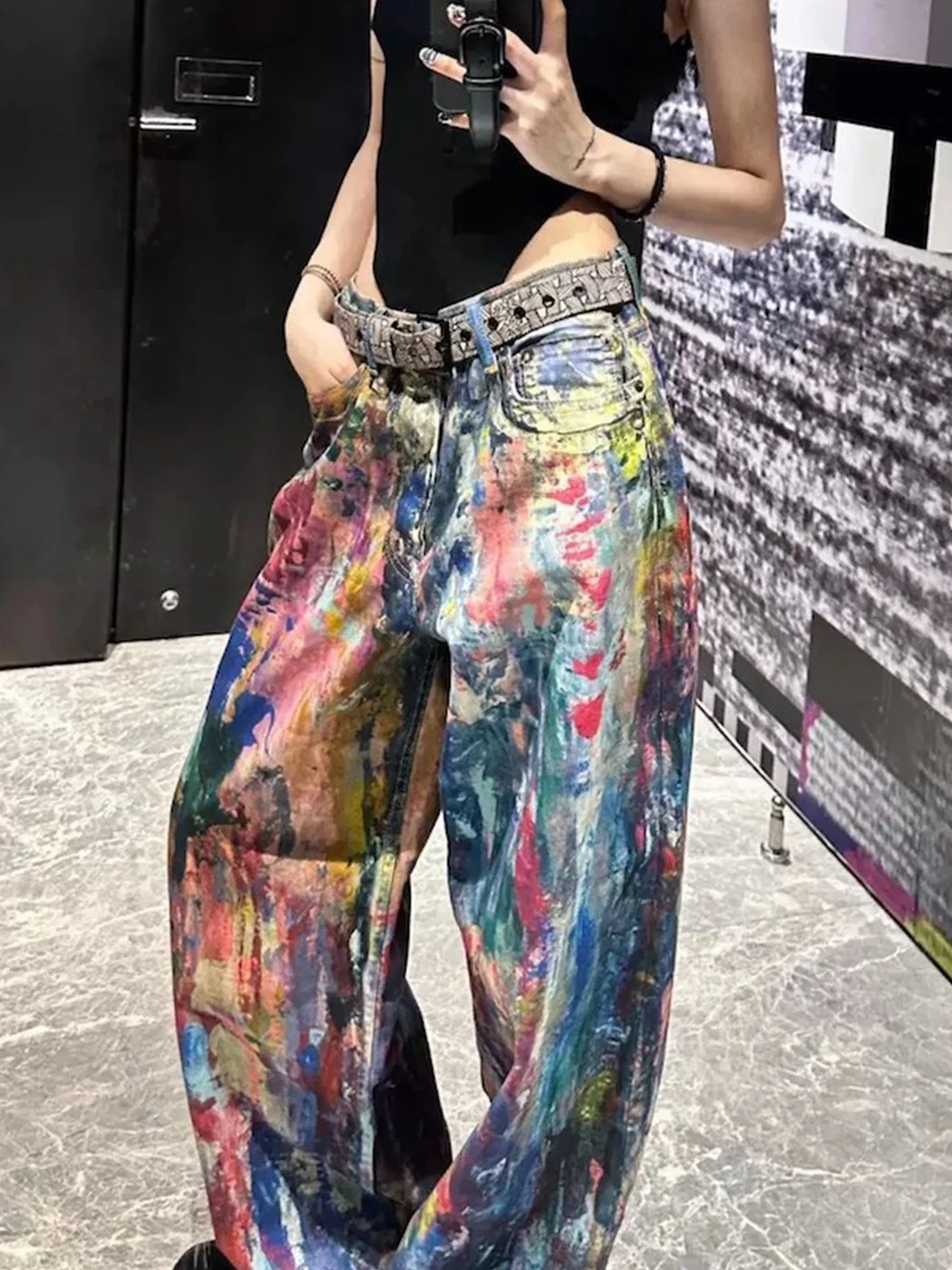 

25ssAC Sle Американский 3D цифровой принт 98 Мешковатые джинсы с радужной росписью и повседневная одежда Прочные прямые джинсы