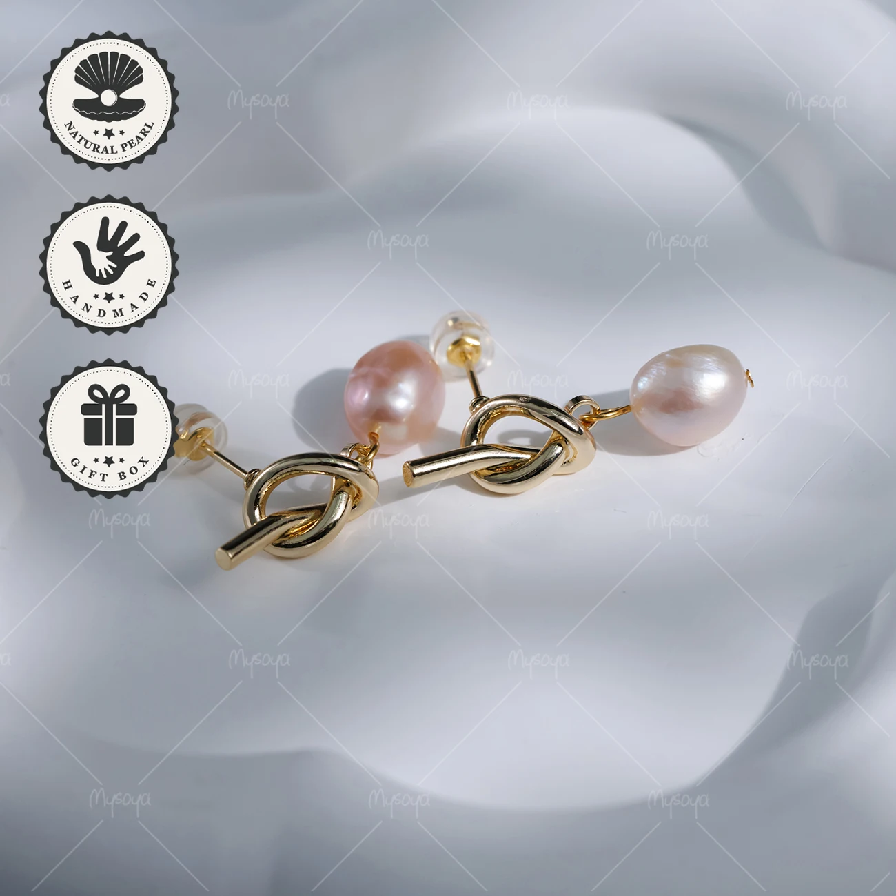 

MYSOYA 7-8mm Pink Baroque Pearl Knot Stud Earrings Golden With Gift Box Birthday Gift Valentine’s Day