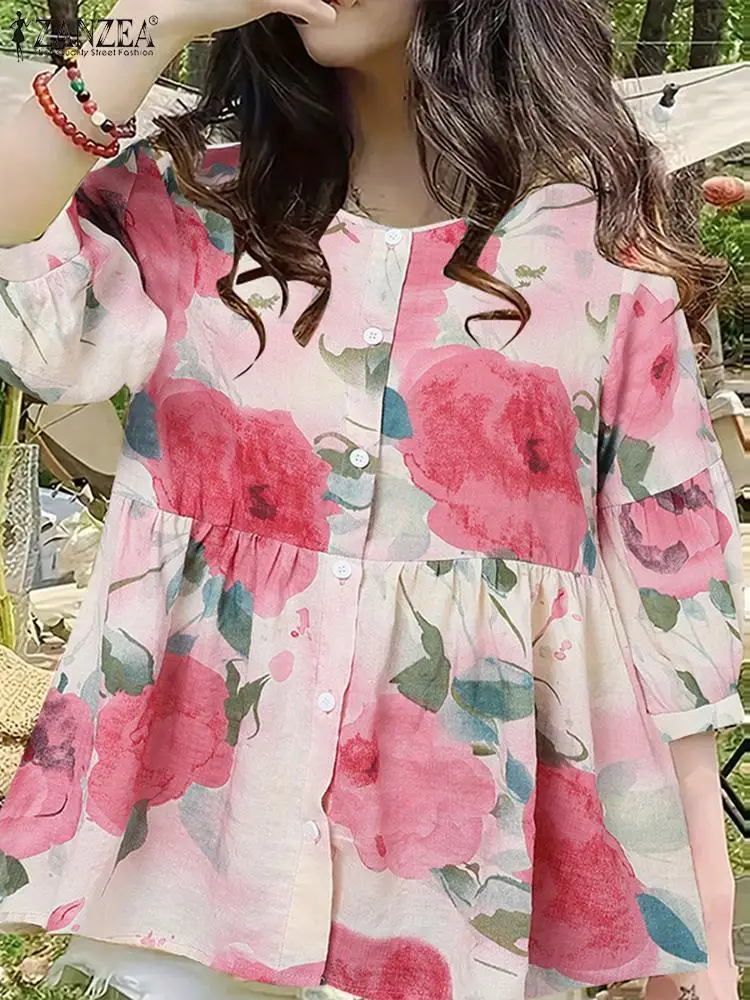 ZANZEA Autumn Elegant Floral Printed Shirt Women 3/4 Lantern Sleeve Blouse Bohemain Casual Holiday Blusas Ruffles Hem Tunic Tops