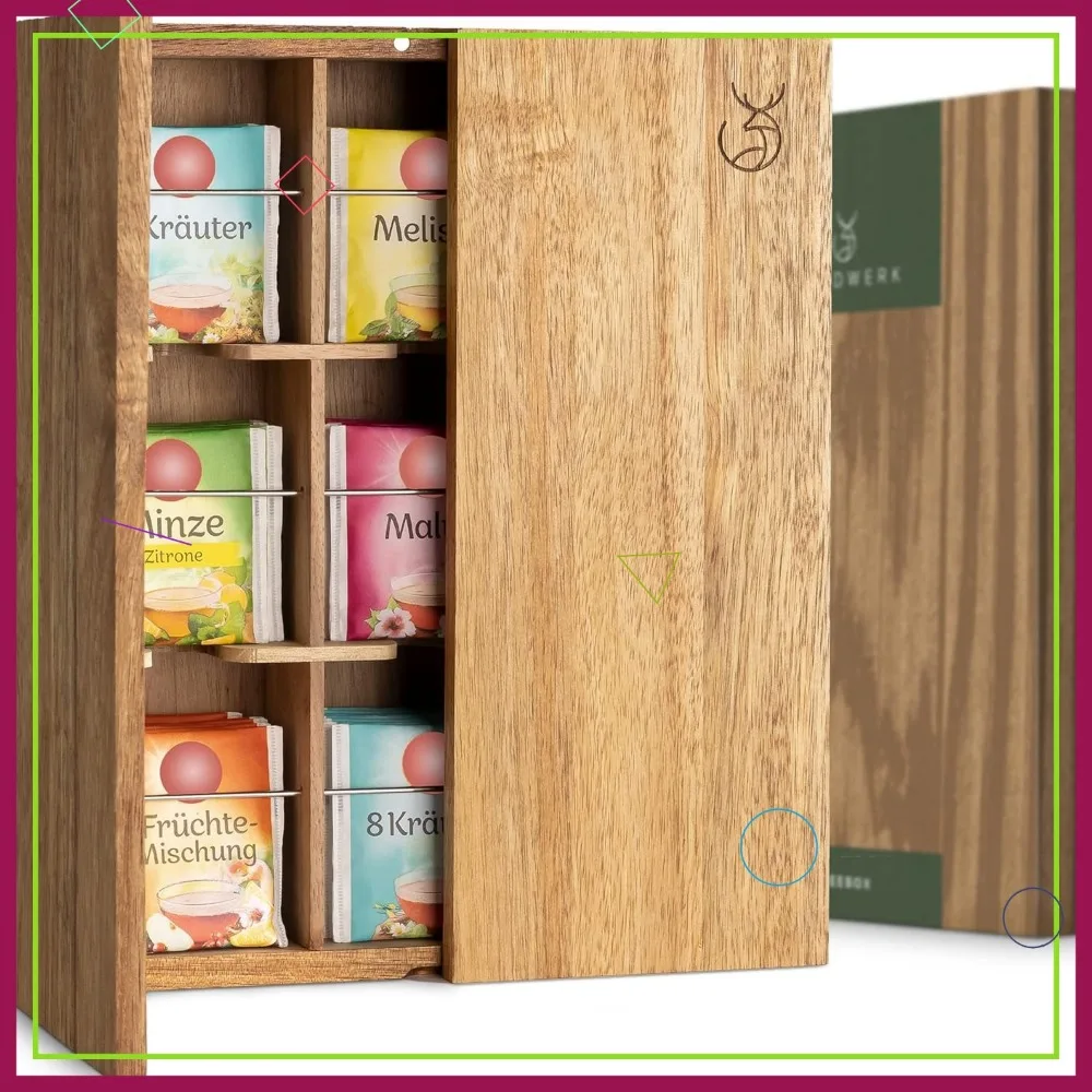 

9-Compartment Tea Storage Organizer, Solid Acacia Wood with Wall Mount Option, Plastic-Free Tea Box Holder