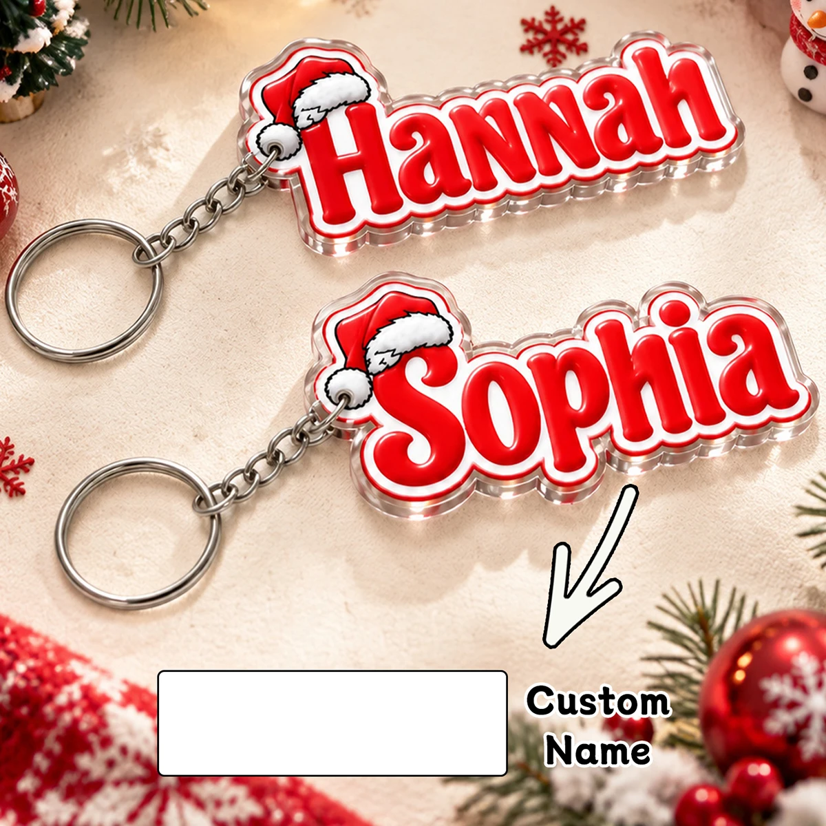 Custom hollow acrylic Santa hat name keychain, bold red letter bag charm, Christmas ornament gift