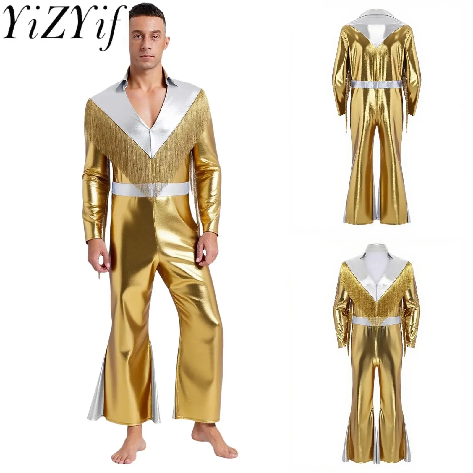 

Adult Men's Fashion Metallic Shiny Jumpsuits For Party Disco Jazz Waltz Ballroom Dance Performance Outfits Party Club Raves Wear