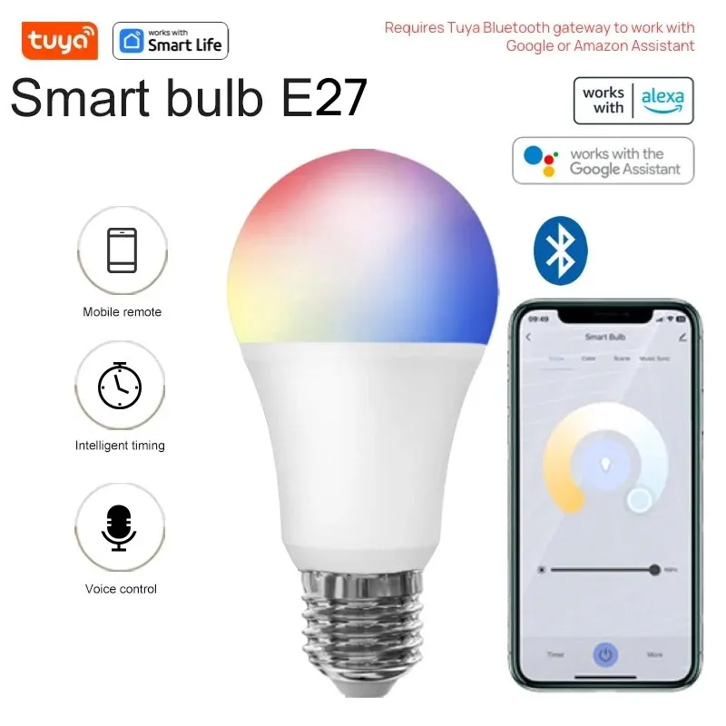 Lampadina intelligente Tuya E27, 9W 220-240V, lampadine LED RGBW che cambiano colore, controllo APP Tuya Smart Life, sincronizzazione musicale