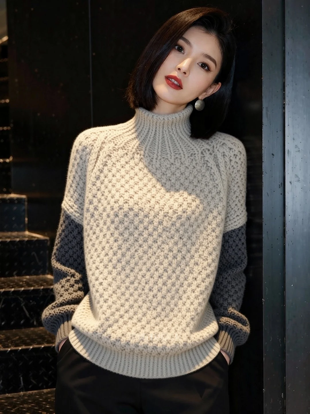 

Winter Thiened Warm High Collar Color Blo Long Sve Women's Knitted Sweater Design Sense Commute Korean Sle Loose Fit