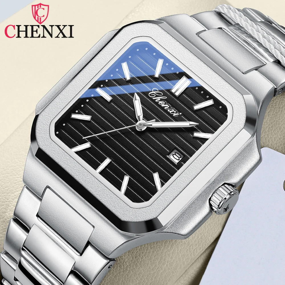 CHENXI Luxe Vierkant Quartz Man Horloge Heren Horloges Waterdicht Lichtgevende Datum Week Roestvrij Staal Herenhorloge Mannelijk