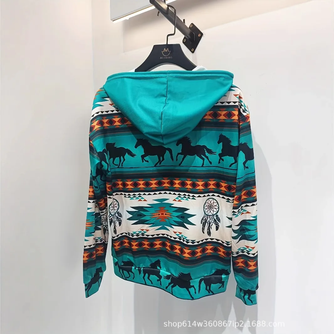 Geometric pattern horse 3D printed hooded sweatshirt, 3D printed drawstring casual women's sports hooded sweatshirt