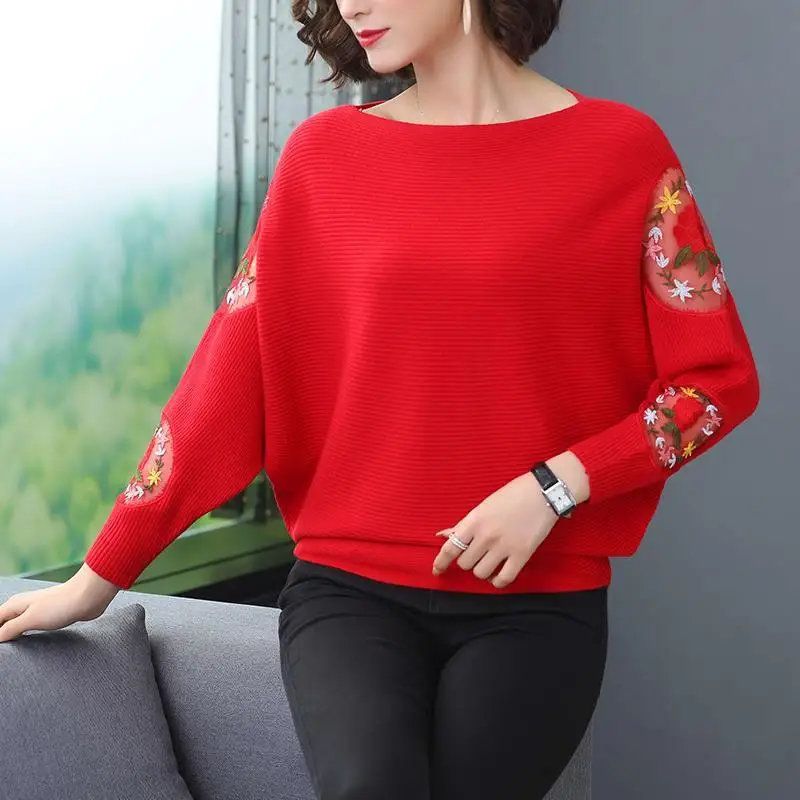 Fashion Spliced Hollow Out Embroidery Casual Blouses Women Clothing 2023 Autumn Winter Knitted CommuteTops Batwing Sleeve Shirts