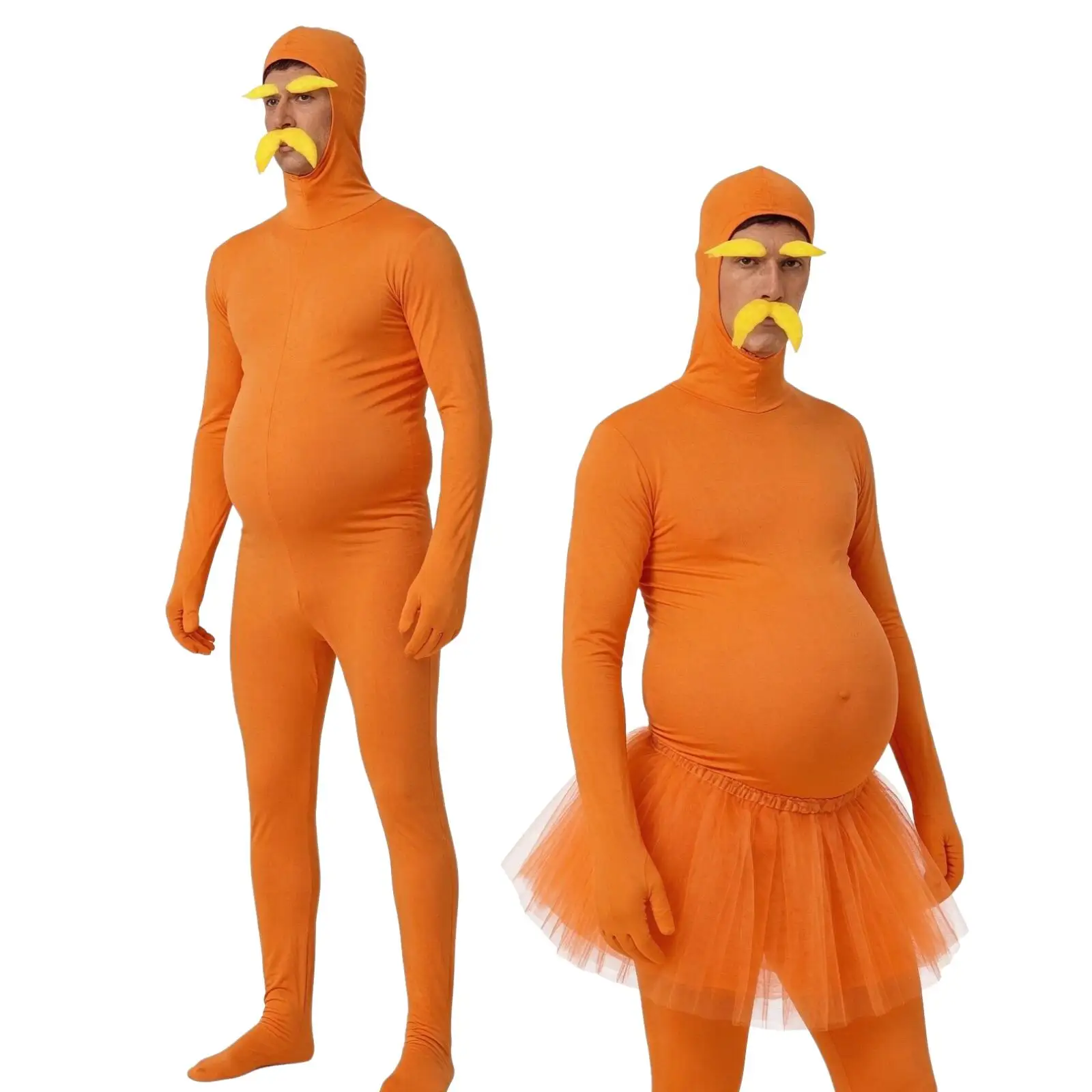 Erwachsenen-Cosplay-Kostüm in Übergröße, Orangefarbener Zentai-Bodysuit mit Rock, Schnurrbart und Augenbrauen für Männer und Frauen, Halloween-Rollenspiel-Party-Outfit