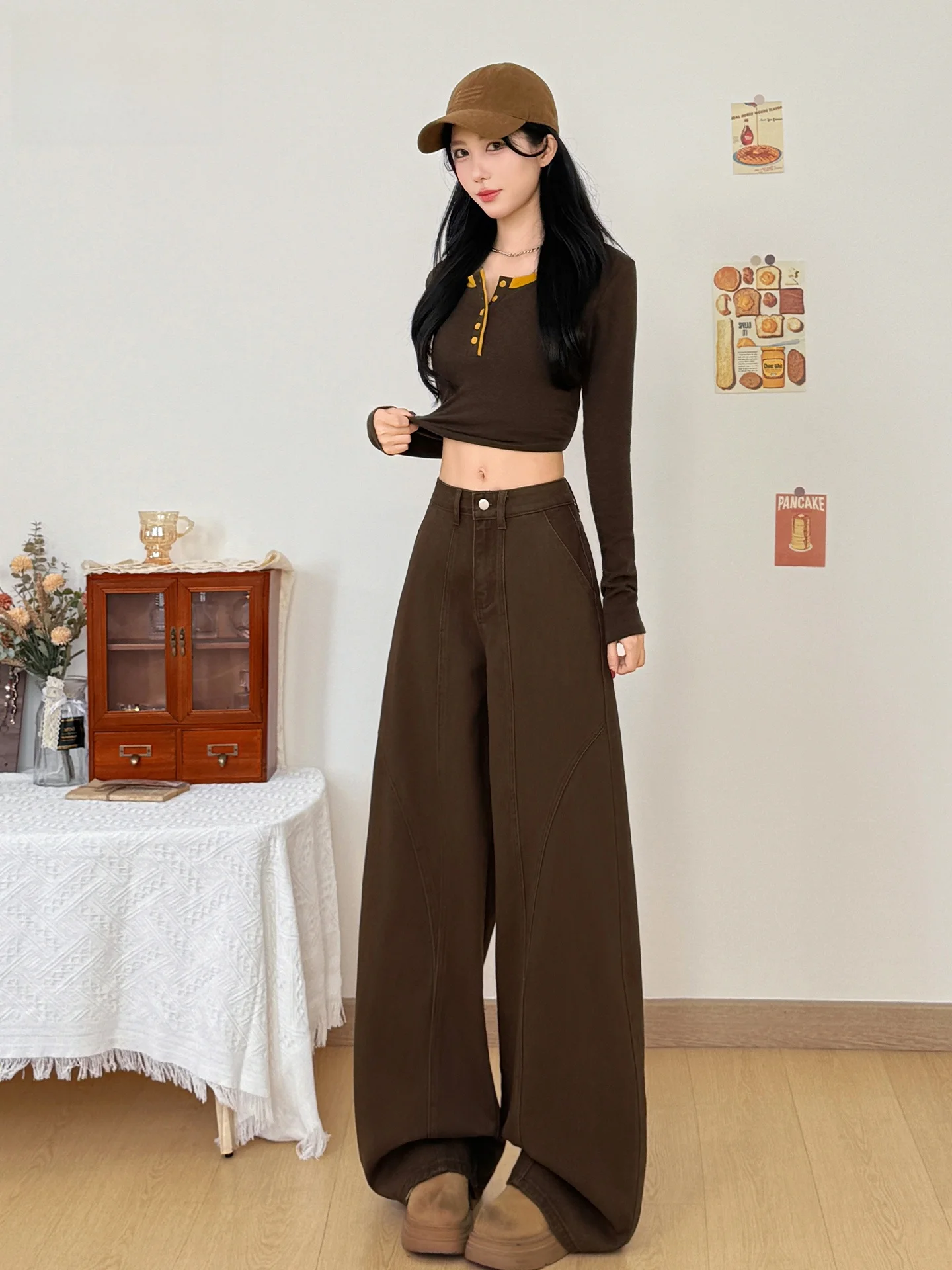 

Женские джинсы Cafe Brown Sweet Spicy Street Style, летние, в американском стиле, корейские широкие брюки, свободный крой, повседневные, из хлопкового денима