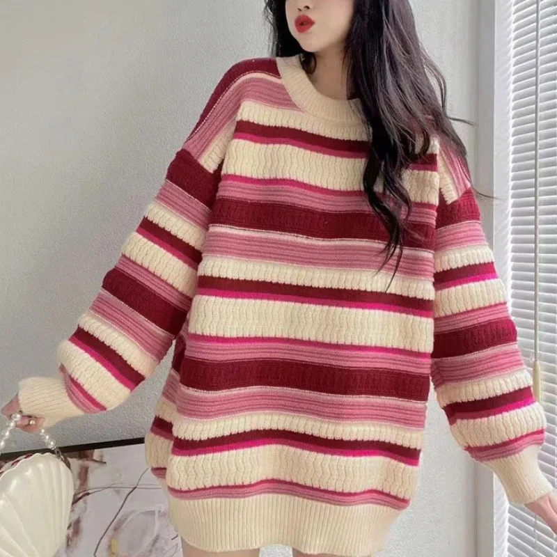 

Autumn Winter Korean Stripe Fried Dough Twists Sweater Women's 2024 Splice Pullovers O-Neck Fashion Loose Long Sleeve Knit Top